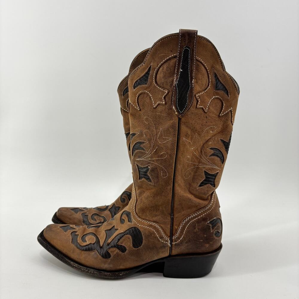J. B. Dillon Womens Size 7 Western Cowboy Boots Goat Leather Lizard Inlay